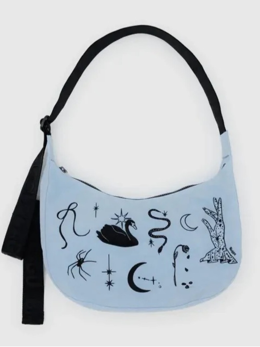 BAGGU Medium Nylon Crescent Bag Embroidered Ballet Icons Light Blue & Black NWT